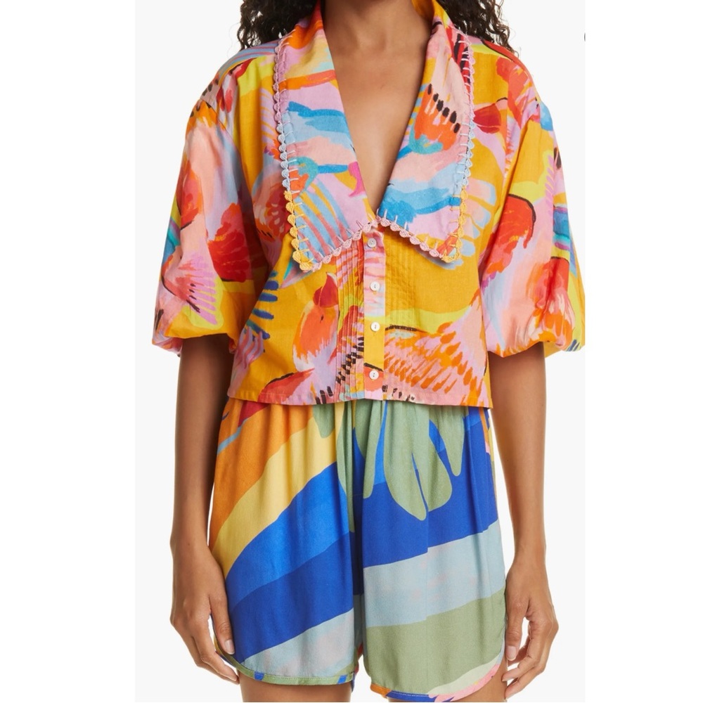 Farm Rio - Neon Macaws collar blouse